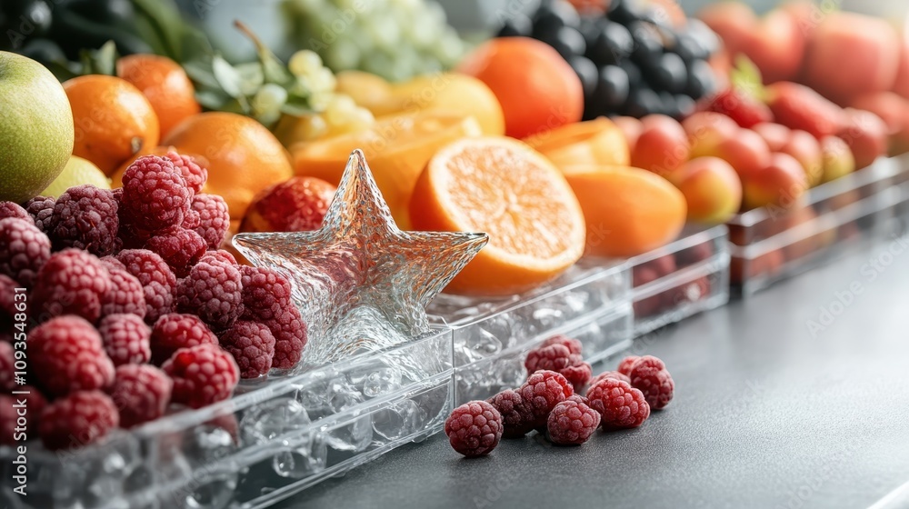An arrangement of assorted fresh fruits like raspberries, grapes, and oranges with a transparent star ornament, emphasizing color and quality in a lively manner. An arrangement of assorted fresh fruits like raspberries, grapes, and oranges with a transparent star ornament, emphasizing color and quality in a lively manner.