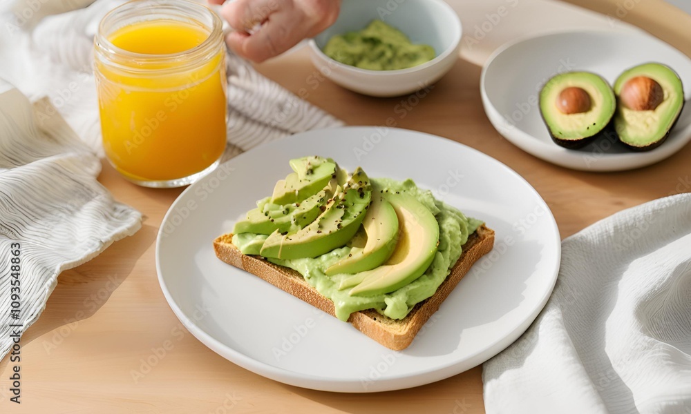 Simple Breakfast Scene with an avocado toast on a plain white plate Simple Breakfast Scene with an avocado toast on a plain white plate