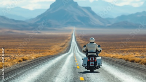 A motorcyclist experiences extraordinary freedom and adventure, traveling down an endless, empty road through a vast, dramatic desert landscape under a clear sky.
