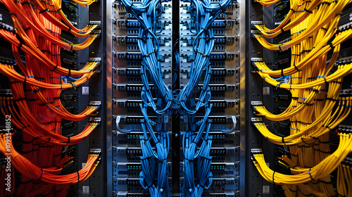 Symmetrical Array of RJ45 Patch Panels Mounted in a Server Rack Illuminated by Vibrant Ethernet Cables