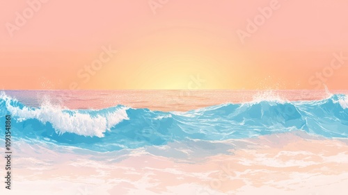 Digital painting of ocean waves at sunset with pink sky