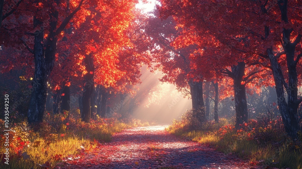 A serene pathway through vibrant autumn foliage, illuminated by sunlight. A serene pathway through vibrant autumn foliage, illuminated by sunlight.