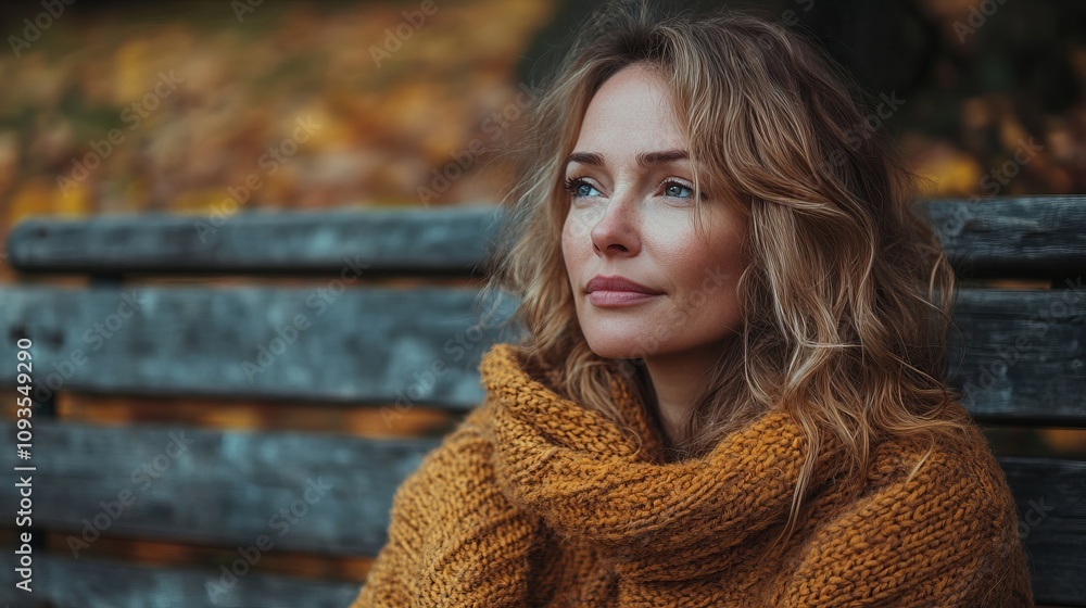 The image shows a woman with wavy blonde hair wrapped in a mustard yellow cardigan, sitting contemplatively on a wooden bench amidst autumn foliage, exuding warmth and thoughtfulness. The image shows a woman with wavy blonde hair wrapped in a mustard yellow cardigan, sitting contemplatively on a wooden bench amidst autumn foliage, exuding warmth and thoughtfulness.