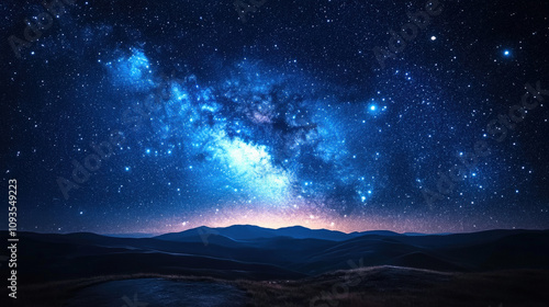 landscape illustration of a dreamlike sky filled with softly glowing, luminescent stars over calming hills