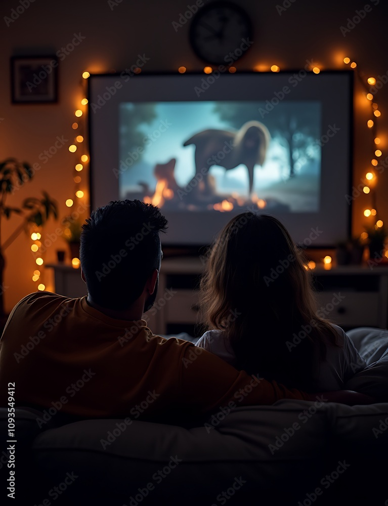 A couple watches a movie together on a large TV in their cozy home lit by twinkling fairy lights on an evening. A couple watches a movie together on a large TV in their cozy home lit by twinkling fairy lights on an evening.