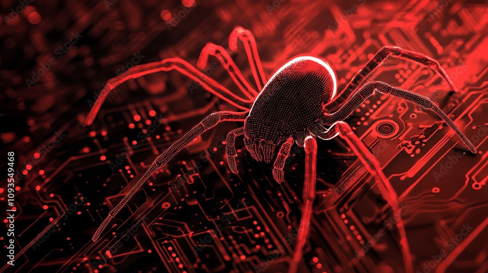 A detailed digital depiction of a spider crawling over a technologically themed electronic surface, symbolizing the intersection of nature and technology. A detailed digital depiction of a spider crawling over a technologically themed electronic surface, symbolizing the intersection of nature and technology.