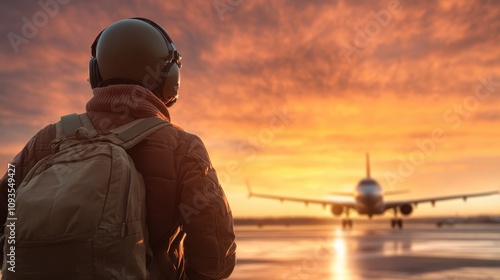 A pilot looks at a passenger plane taking off during a breathtaking sunset, representing the majesty of aviation and the beauty intertwined with departing journeys. photo