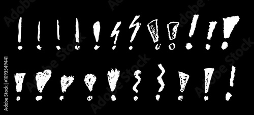 Exclamation marks symbols set. White crayon handwritten signs on chalkboard. Doodle icon collection for emphasize important or dangerous warning text. Vector sketch or graffiti style exclamation marks