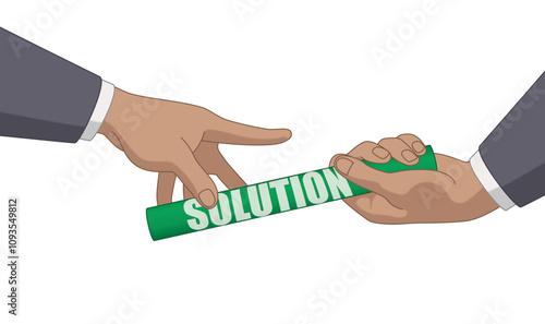 business relay race, close-up of business hands passing the baton of solutions isolated on a white  background