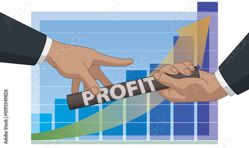 business relay race, close-up of business hands passing the baton of profit with graph and upward arrow in the background