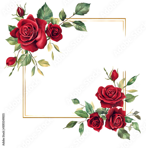 Fototapeta Naklejka Na Ścianę i Meble -  Elegant floral frame with red roses and gold border.
