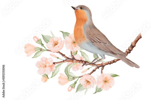 Bird with brown and grey feathers and orange breast sitting on Blossoming Branch with Peach or Cherry Flowers. Spring Composition for Bird Day. Hand drawn watercolor illustration on a white background