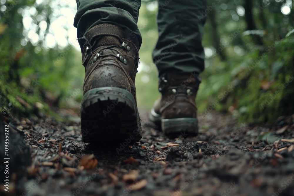 A close-up view of rugged hiking boots traversing a muddy forest trail. Nature calls for adventure and exploration. Experience the great outdoors. Generative AI A close-up view of rugged hiking boots traversing a muddy forest trail. Nature calls for adventure and exploration. Experience the great outdoors. Generative AI