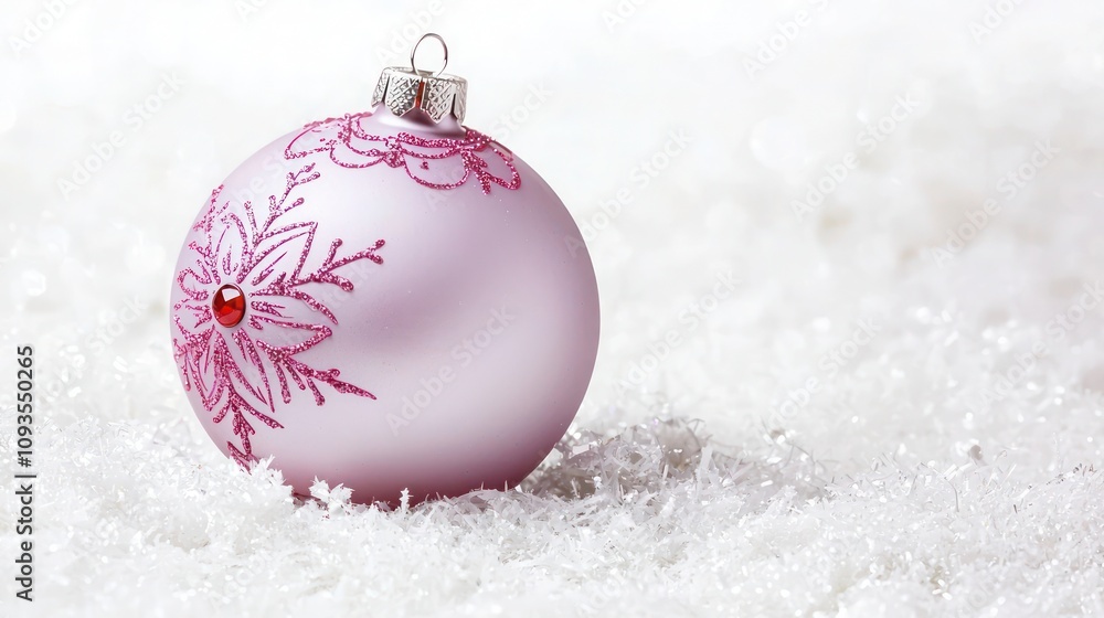 Oversized pale lavender bauble with ruby red detailing, set against a frosty white background, adding a vibrant touch Oversized pale lavender bauble with ruby red detailing, set against a frosty white background, adding a vibrant touch
