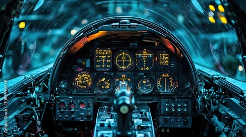 Fighter jet cockpit with illuminated instruments and controls.