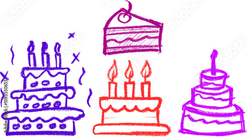 Birthday Cake and Slice Crayon Chalk Drawing Vector Set