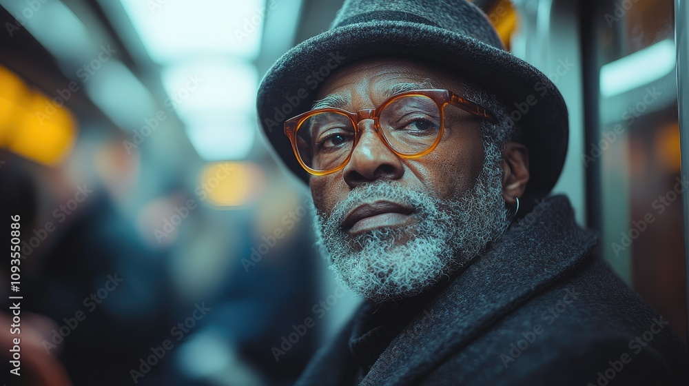 A thoughtful older man with glasses and a hat gazes pensively while seated on a subway. A thoughtful older man with glasses and a hat gazes pensively while seated on a subway.