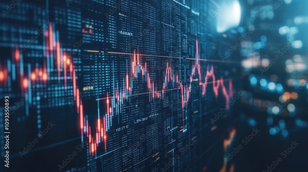 Stock market data visualized on a digital screen showing fluctuating graphs and numbers at night. Stock market data visualized on a digital screen showing fluctuating graphs and numbers at night.