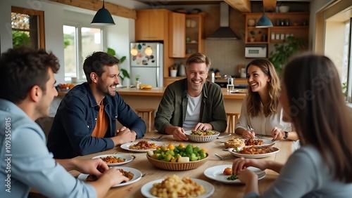 A happy family gathers around a table filled with delicious food and warm conversation in their stylish loft home.