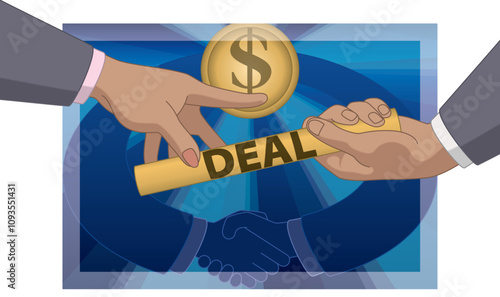 business relay race, close-up of business hands passing the baton of deals with handshake in the background