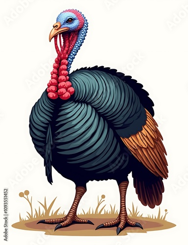 A male wild turkey is depicted in a colorful vector illustration showcasing its distinctive features with great detail. photo