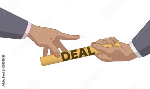 business relay race, close-up of business hands passing the baton of deals isolated on a white background