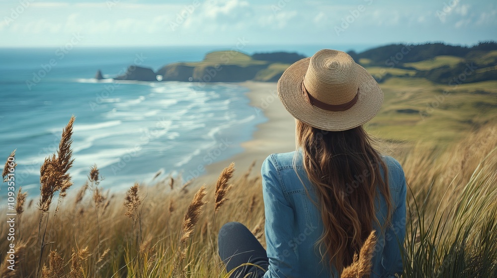 Obraz premium A woman viewed from behind sits in tall grass, wearing a hat, as she overlooks a stunning coastal landscape with ocean and cliffs, symbolizing peace and escape.