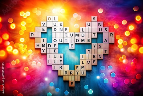 Silhouette Photography of a Crossword Puzzle with Heart Shapes for Valentine's Day, Featuring Romantic Words and Symbols in a Creative and Artistic Display