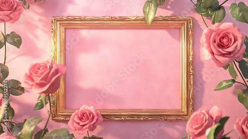 Golden Frame Adorned With Pink Roses On Pink Wall photo