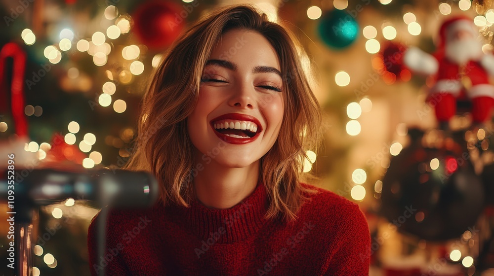 Joyful Woman Smiling in Festive Holiday Setting with Bokeh Lights Joyful Woman Smiling in Festive Holiday Setting with Bokeh Lights