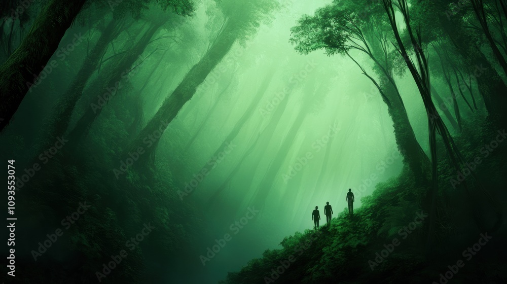 Three silhouetted figures explore a mystical, foggy green forest, AI Three silhouetted figures explore a mystical, foggy green forest, AI