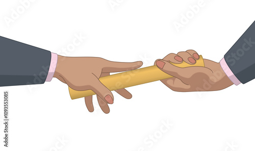 business relay race, close-up of businesswomen hands passing the gold baton isolated on a white background