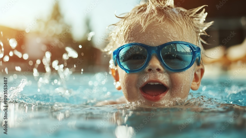Fototapeta premium A cheerful child, wearing blue goggles, enjoys splashing in the pool, embracing the pure joy and freedom of summer under a glowing sun with excitement all around.