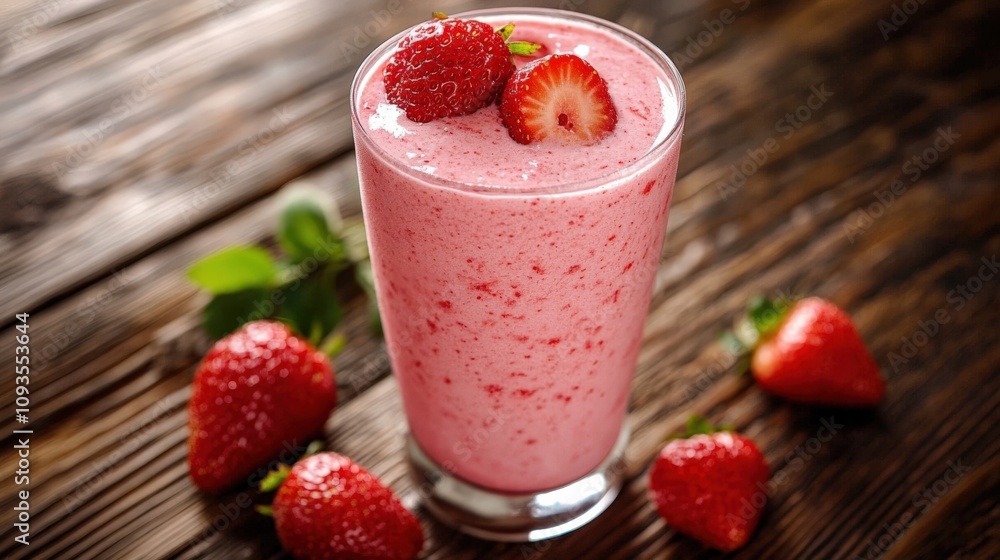 Refreshing Strawberry Smoothie on Rustic Wooden Table Refreshing Strawberry Smoothie on Rustic Wooden Table