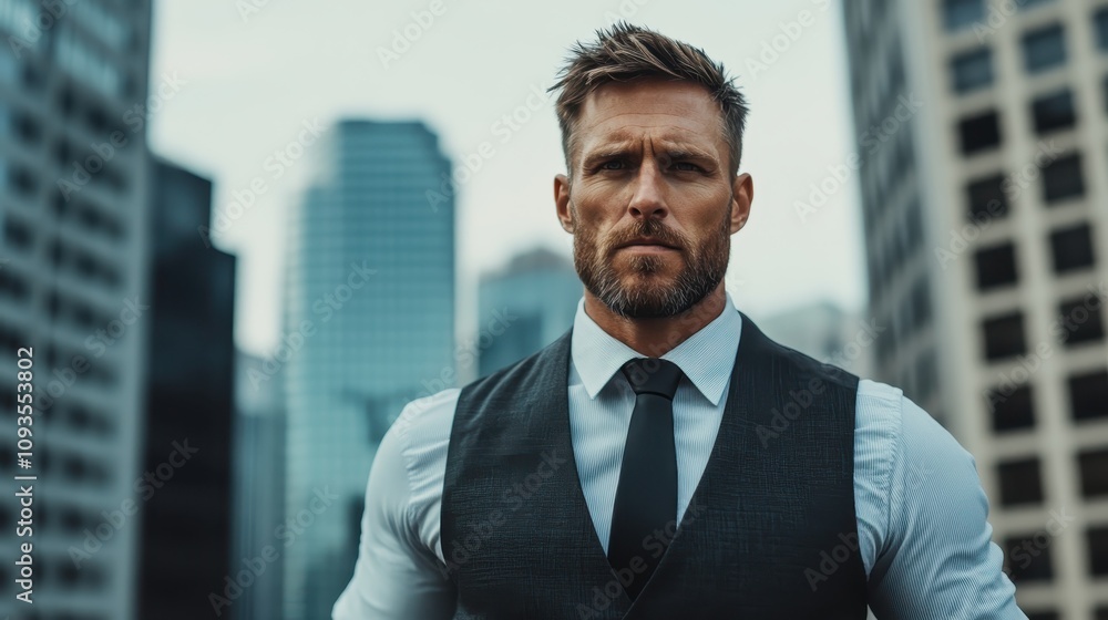 A man wearing formal attire stands confidently amidst an urban cityscape, displaying a look of determination and professionalism, among towering buildings. A man wearing formal attire stands confidently amidst an urban cityscape, displaying a look of determination and professionalism, among towering buildings.