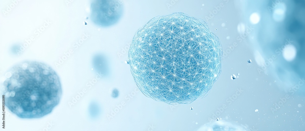 Abstract blue spheres with network connections, floating in a light blue background. Abstract blue spheres with network connections, floating in a light blue background.