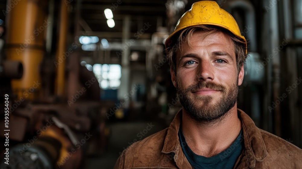 A smiling worker wearing a yellow helmet stands in an industrial setting, embodying the spirit of hard work and dedication in the manufacturing sector. A smiling worker wearing a yellow helmet stands in an industrial setting, embodying the spirit of hard work and dedication in the manufacturing sector.