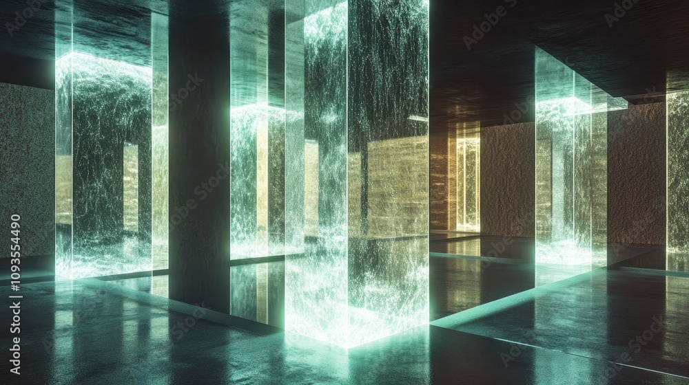 Illuminated Glass Cubes In A Dark Modern Room Illuminated Glass Cubes In A Dark Modern Room