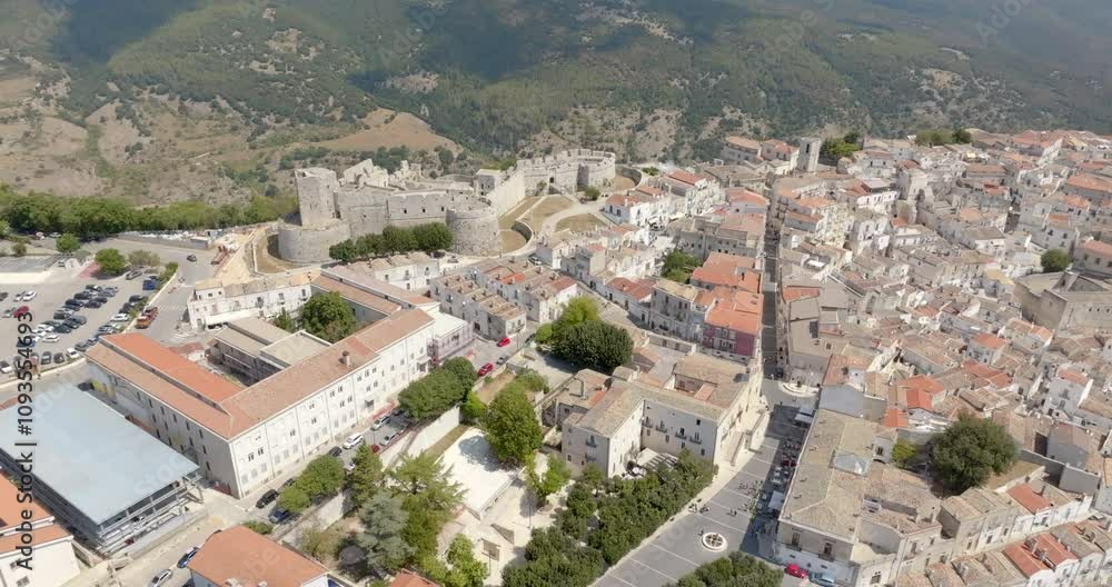 Aerial view of the Monte Sant'Angelo Castle. It is an ancient fortress located in the historic center of Monte Sant'Angelo, in the province of Foggia, Puglia, Italy. Aerial view of the Monte Sant'Angelo Castle. It is an ancient fortress located in the historic center of Monte Sant'Angelo, in the province of Foggia, Puglia, Italy.