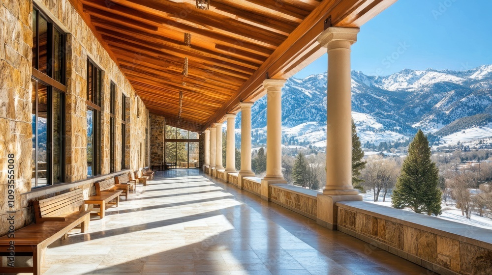 A sunny corridor with wooden beams and stone walls, overlooking snow-capped mountains. A sunny corridor with wooden beams and stone walls, overlooking snow-capped mountains.