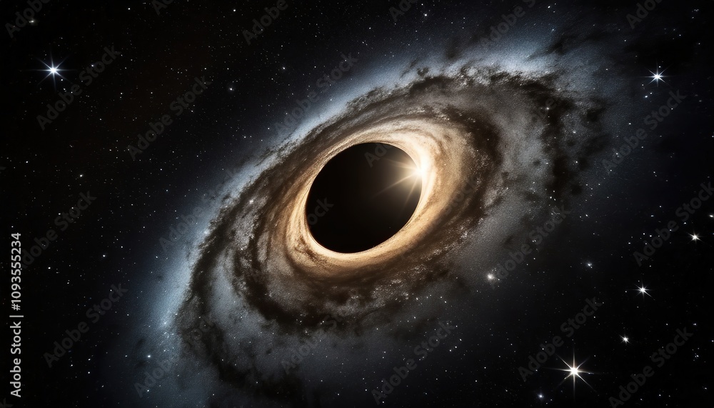 A black hole spirals in deep space, surrounded by stars and cosmic dust. The gravitational phenomenon pulls matter in, a spectacle of the universe's mysteries. Panorama with copy space. A black hole spirals in deep space, surrounded by stars and cosmic dust. The gravitational phenomenon pulls matter in, a spectacle of the universe's mysteries. Panorama with copy space.