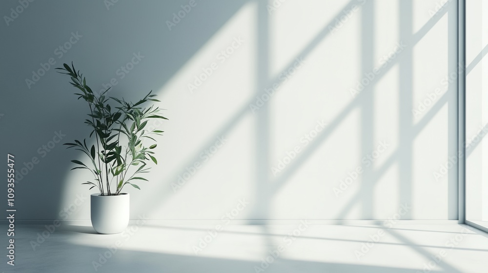 A white room with a potted plant sitting in the corner A white room with a potted plant sitting in the corner