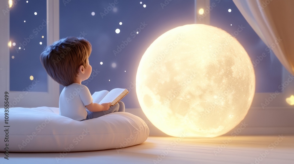 A child reads by the glow of a magical, oversized moon in a cozy room, AI A child reads by the glow of a magical, oversized moon in a cozy room, AI