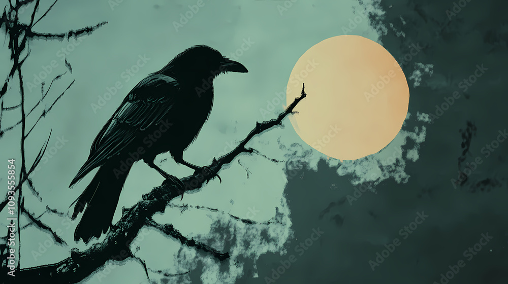 Fototapeta premium Mystical illustration of a crow perched on a branch with a black sun in the background. perfect for thematic and artistic designs. Haunting Crow Silhouette. Illustration
