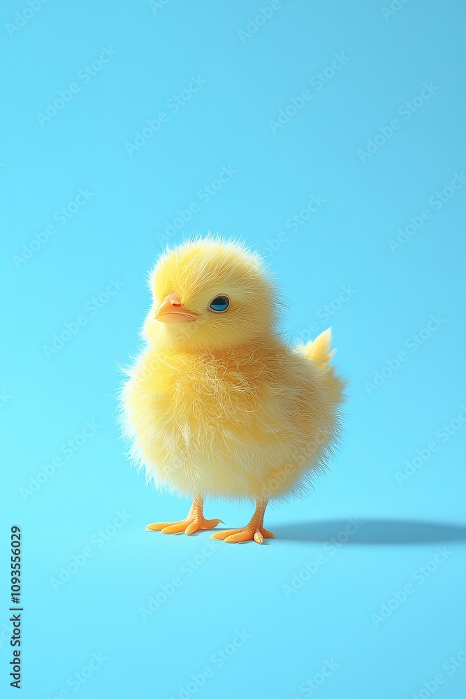 A tiny, fluffy yellow chick stands confidently on a heavenly blue background, exuding feelings of innocence, new life, and pure joy in its playful nature. A tiny, fluffy yellow chick stands confidently on a heavenly blue background, exuding feelings of innocence, new life, and pure joy in its playful nature.