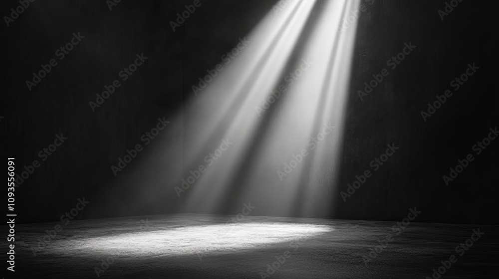 Obraz premium Two intense beams of light break through the darkness, illuminating a mysterious spot on stage, creating a dramatic and suspenseful atmosphere full of intrigue.