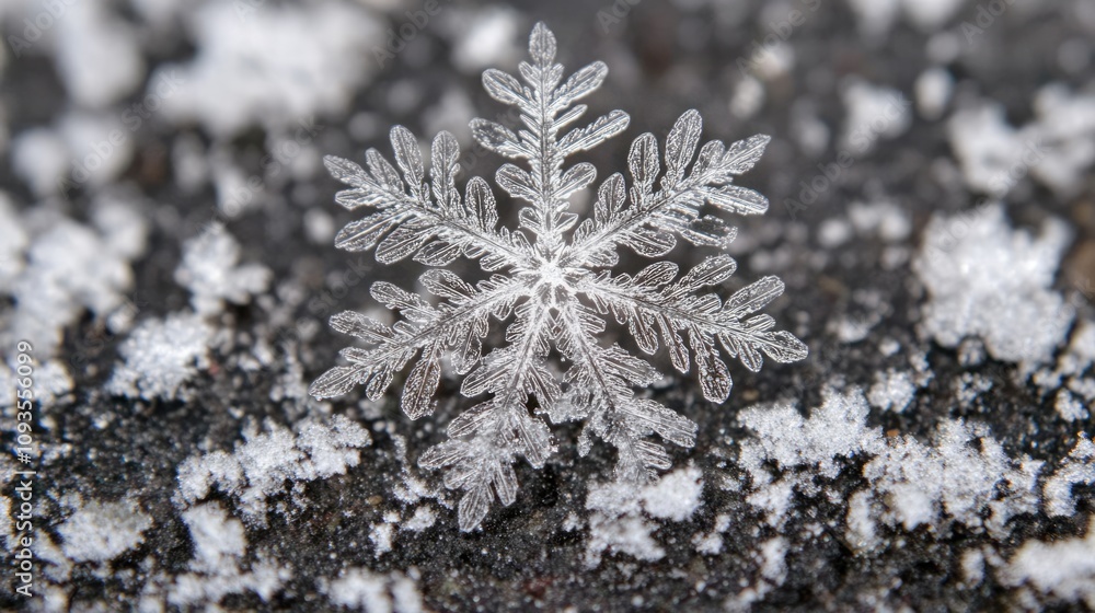Beautiful symmetrical snowflake in the snow on the ground. Seasonal winter image with copy space Beautiful symmetrical snowflake in the snow on the ground. Seasonal winter image with copy space