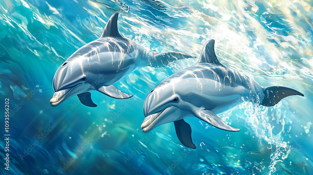 Obraz premium 透き通った海で泳ぐイルカのペア