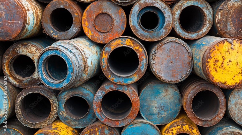 Stacked rusty metal cylinders, various colors, close-up. Stacked rusty metal cylinders, various colors, close-up.