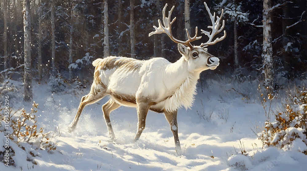 Fototapeta premium A majestic reindeer with its antlers adorned in frost walking gracefully through a serene snowy forest